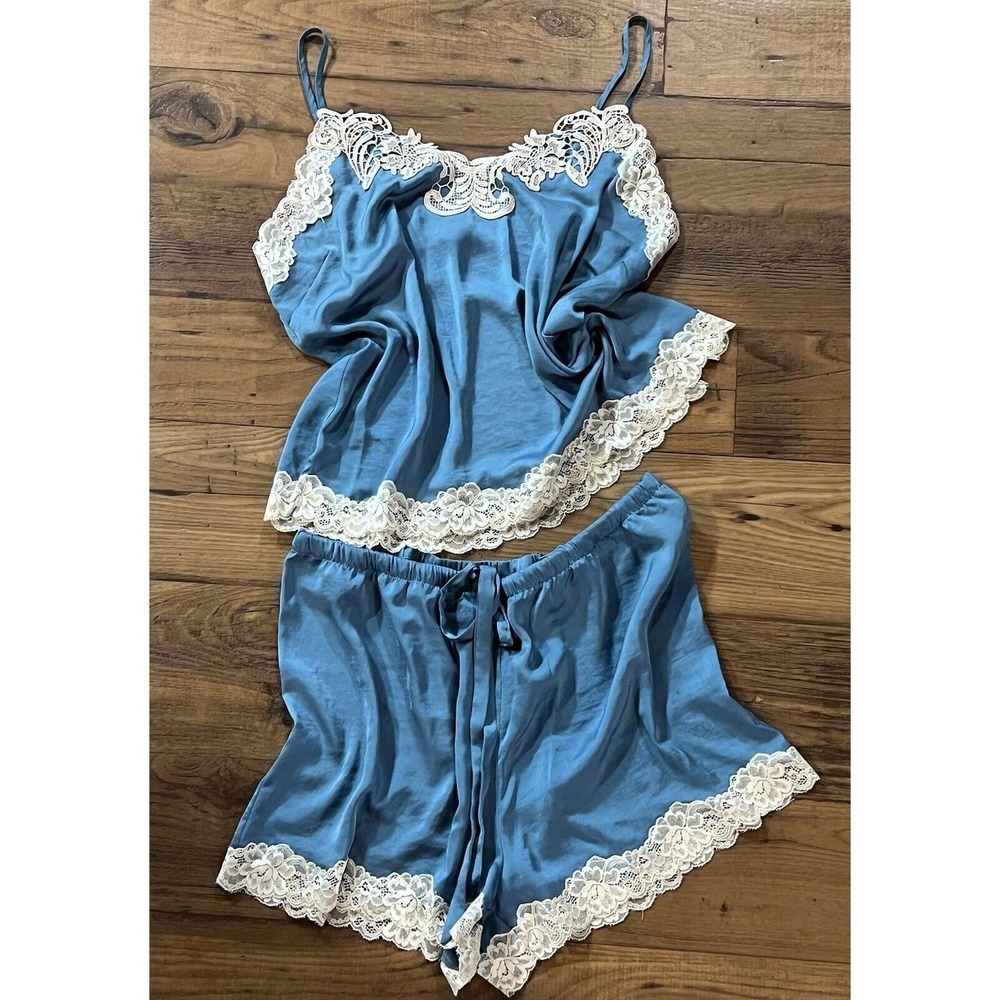Vintage Unbranded Two Piece Nightie Set Women’s Large Blue Cream Lace Nylon LG